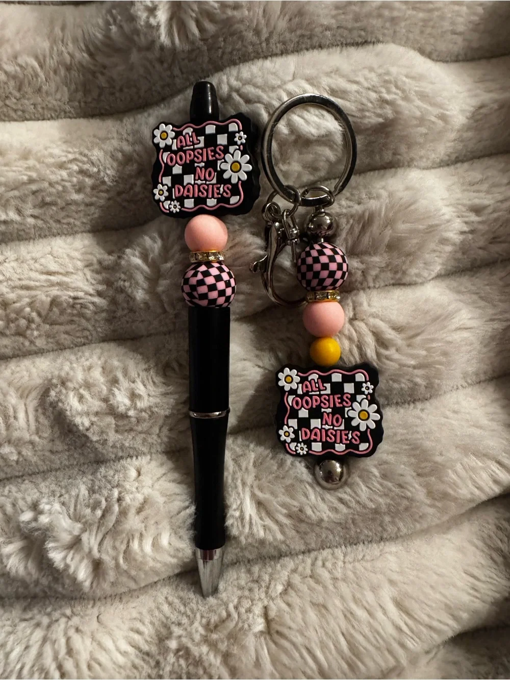 All Oopsies No Daisies Pink Black Beaded Pen & Keychain Set